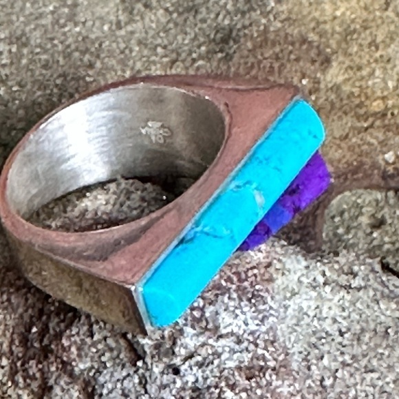RING JAY KING DTR Sterling Turquoise, Raw Amethyst Handmade Southwestern 5493 - Picture 6 of 10